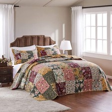 Finely Stitched French Country Patchwork Quilted Bedspread Set Queen Size