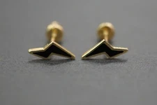 14K Solid Yellow Gold Lightning Bolt Thunder Black Enamel Screw Back Earrings 