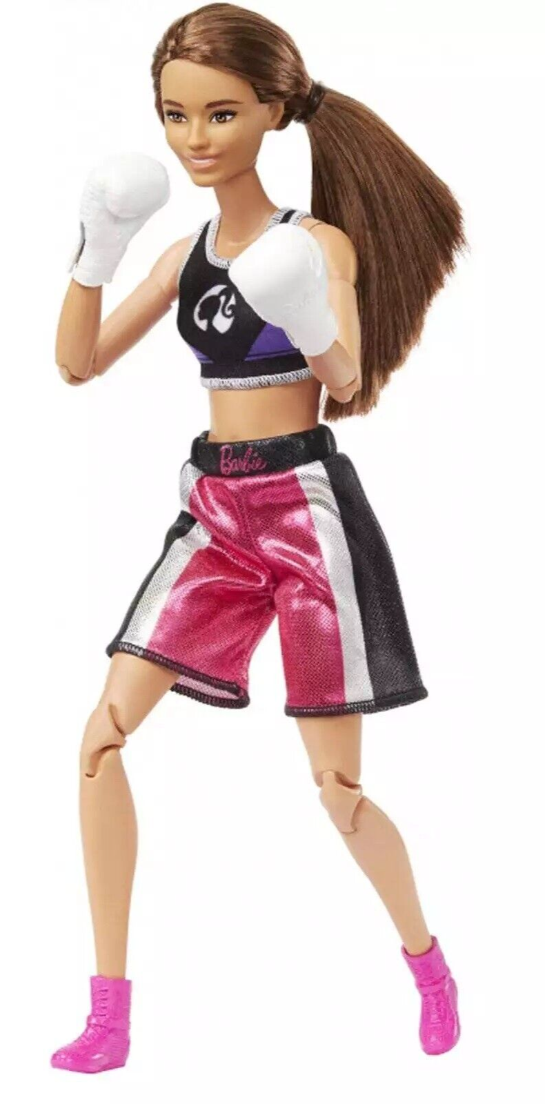Barbie Made to Move Doll Brunette Boxer Wearing Removable Uniform Boxing Gloves