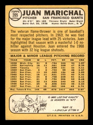 1968 Topps Baseball #205 Juan Marichal VG *d3 - 第 2/2 張圖片