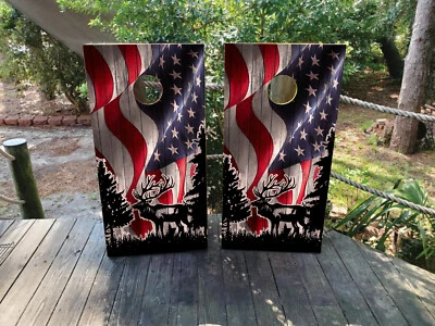 High-Quality Laminated Cornhole Wraps – American Flag & Deer - Fadeproof Durable - Image 1 of 4