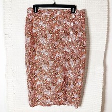 GARNET HILL orange floral asymmetrical button European flax linen skirt M NEW