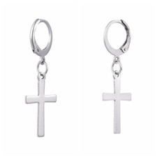 Men's Cross Dangle Earrings Stainless Steel Hinged Piercing Huggie Hoop Z302