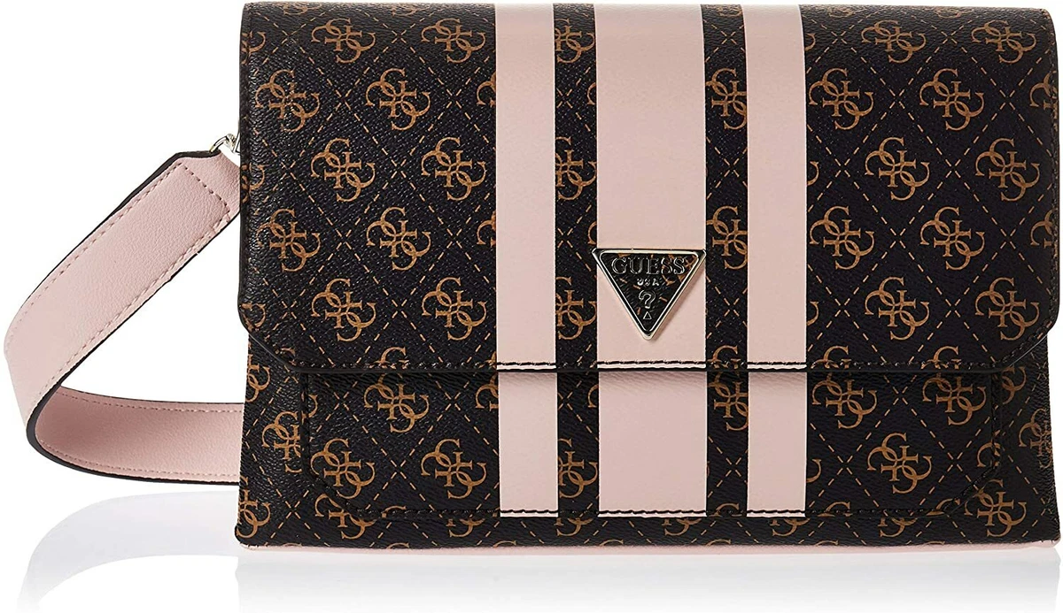 NEW GUESS Women's Brown Logo Print Pink Stripe Small Crossbody Purse  Handbag