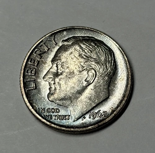 1962 P - Roosevelt Dime 10¢ BLUE Toned Choice to Gem Uncirculated Silver FB