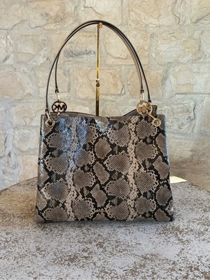 Michael Kors Christina Women Large Snake Embossed Shoulder Tote Bag Camel NWT