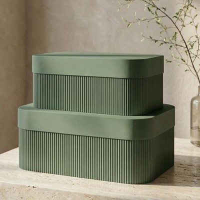 Decorative Storage Boxes with Lids   Set of 2 Beautiful Fluted Cardboard Sage