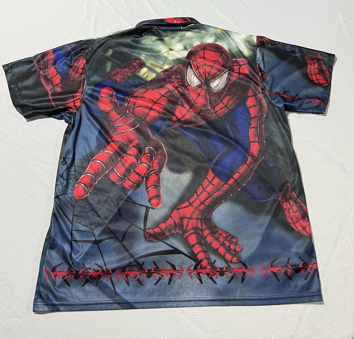 Vintage 2002 Spider-Man AOP Movie Promo Button Up T-Shirt Size XL 