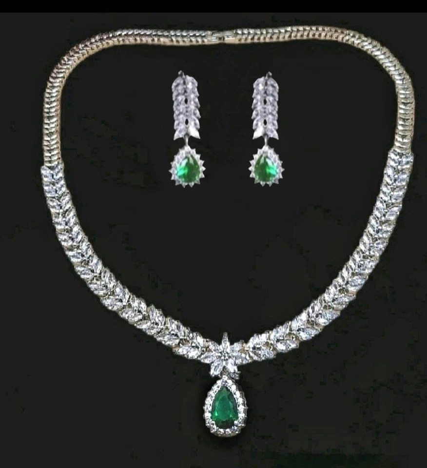 Платиновое покрытие 18k изумрудно-зеленое ожерелье и серьги комплект созданный в лаборатории Swarovski - Изображение 3 из 4
