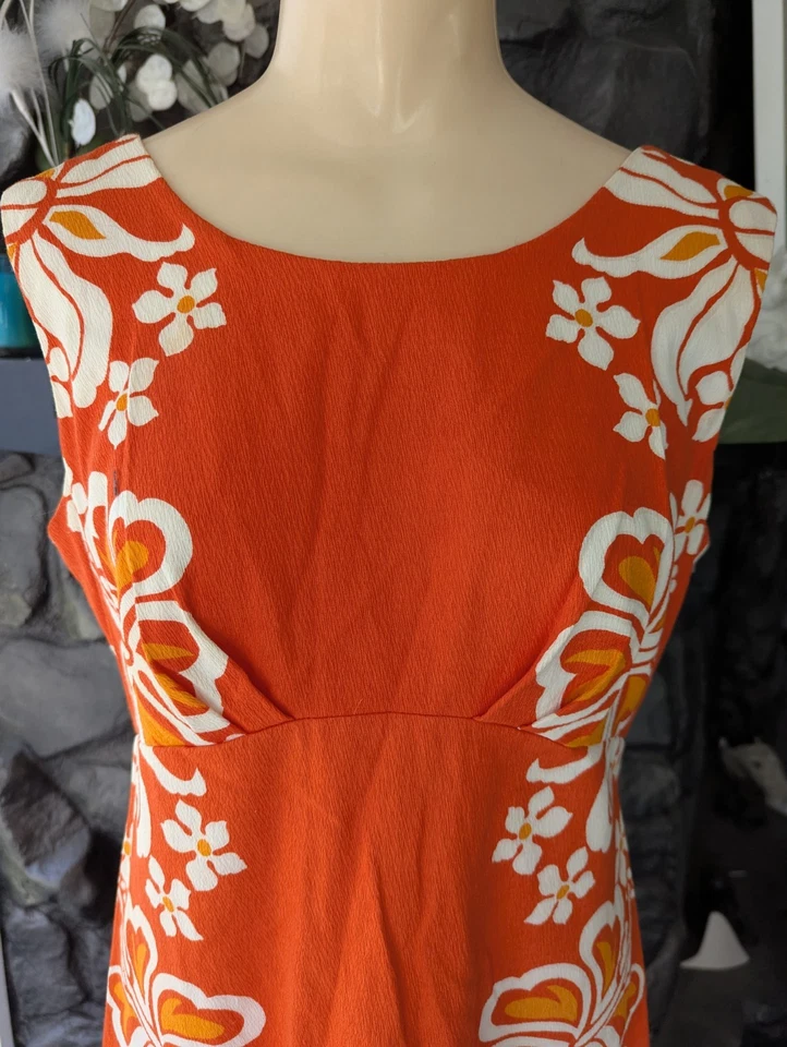 VTG 1960’s Sears Hawaiian Fashions Orange Barkcloth Floral Maxi Dress Sz Med - Image 2 of 4