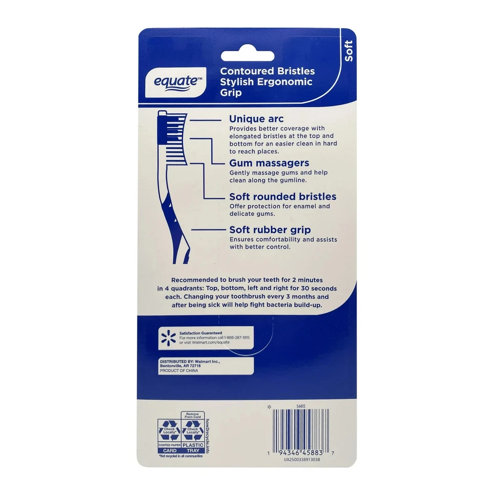 Paquete de 6 cepillos de dientes manuales Equate Soft - cerdas contorneadas y agarre ergonómico Foto 3 de 4