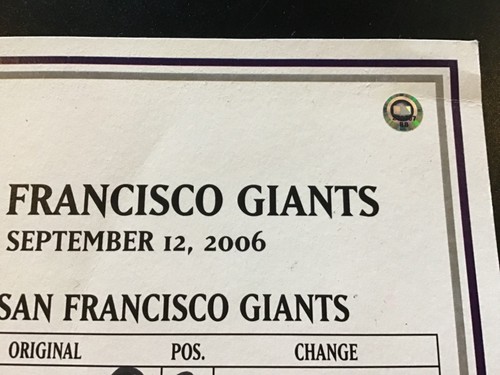 San Francisco Giants vs Colorado Rockies 2006 MLB GU Lineup Card, Bonds, etc - Picture 2 of 2