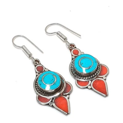 Boucles d'oreilles pierres précieuses corail rouge turquoise argent... - Photo 1/4