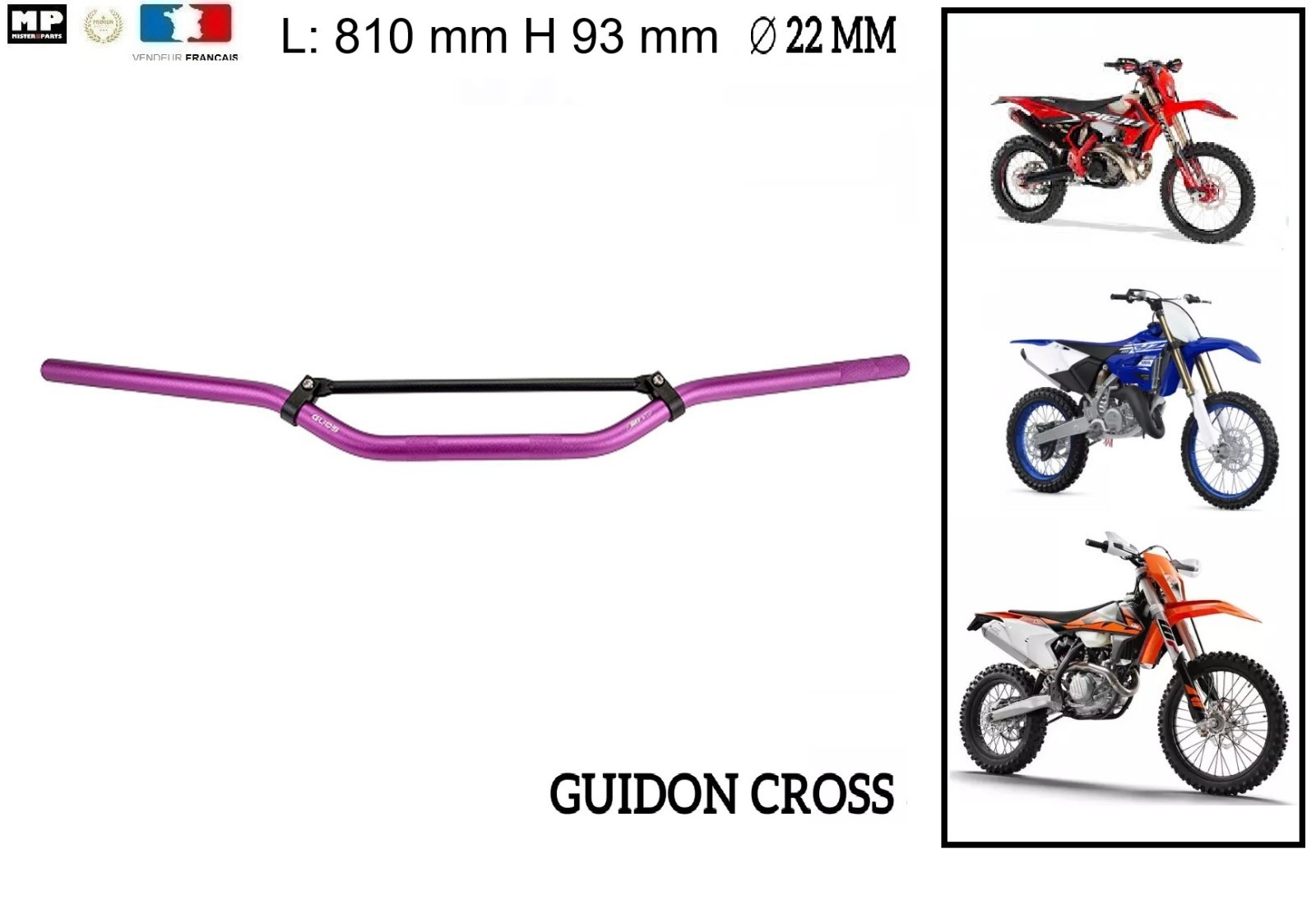 Guidon moto cross violet 22 mm enduro 50cc 125cc 250cc de rechange