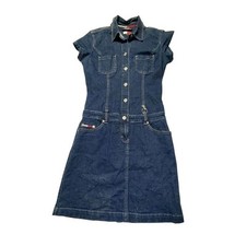 Vtg Tommy Hilfiger Womens S Blue Denim Button Up Short Dress drop waist keychain
