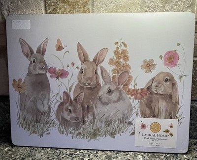 LAUREL HOME Floral Garden EASTER Bunny Cork Back Placemats 11x15 Set of 4 NEW