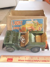 "LUCKY" JEEP TIN - FRICTION JEEP TOY VINTAGE WITH ORIGINAL BOX - TN JAPAN TIN