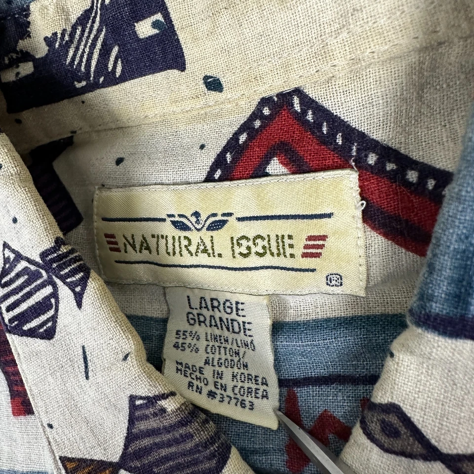 VINTAGE Natural Issue Shirt Mens Large Linen Blend Aztec Navajo Tribal Print - Image 4 of 4
