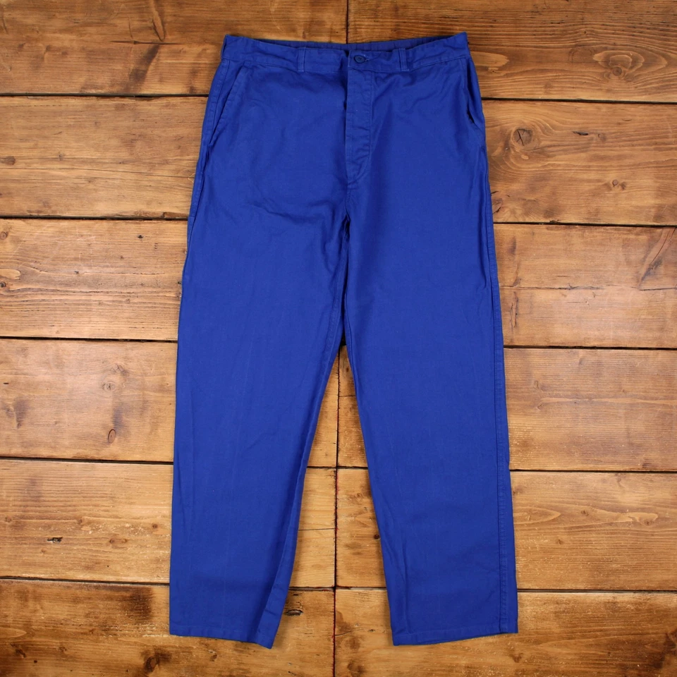 Vintage French Workwear Pants Trousers 36x32 Unisex Straight Blue Cotton