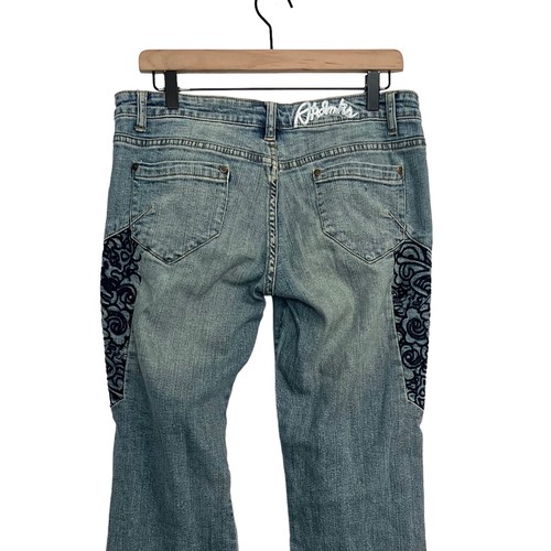 Jeans donna Akademiks ricamati hippie gamba svasata denim taglia 28 blu festival - Foto 4 di 9