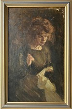 Quadro a Olio Ritratto Donna Che Cucito Ricamare Fatto Mano Studio Stile Liberty