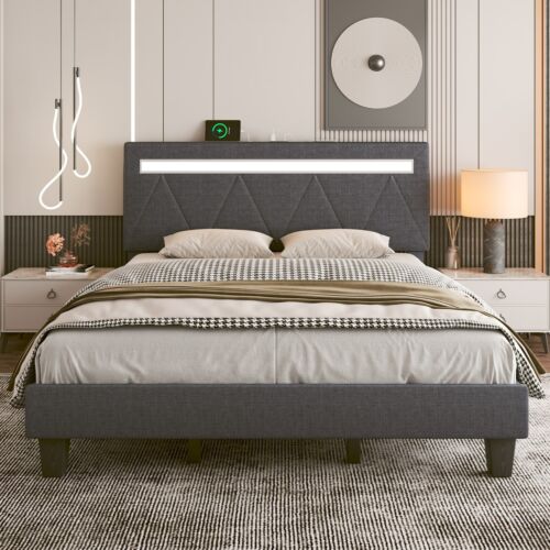 LED Bed Frame Full Queen Size with Adjustable Headboard&Charging Station