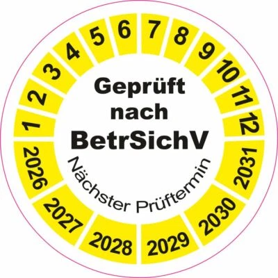 DIE-STICKERBAR Geprüft nach BetrSichV 30mm gelb weiß Nächster Prüftermin UVV Prüfplaketten