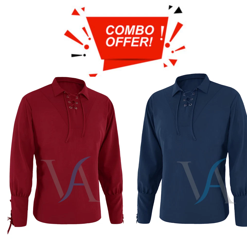 Medieval Lace Up Pirate Shirts Mercenary Scottish Wide Cuff Shirt Halloween Cost - Image 3 of 4