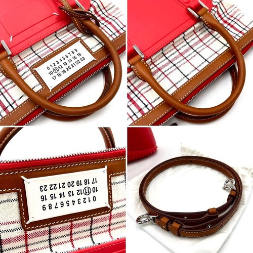 Maison Margiela 2way Handbag Shoulder Bag Canvas Rubber Leather Check Red - Picture 8 of 9