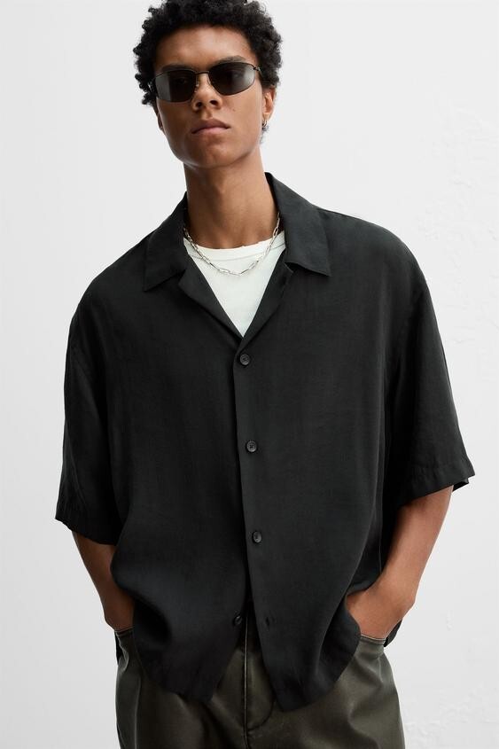 Zara Mens Shirt M Black Button Up Short Sleeve Boxy Fit