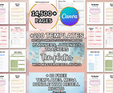 14500 Pages PLR Canva Template Bundle, 200 Templates, Planners, Journals