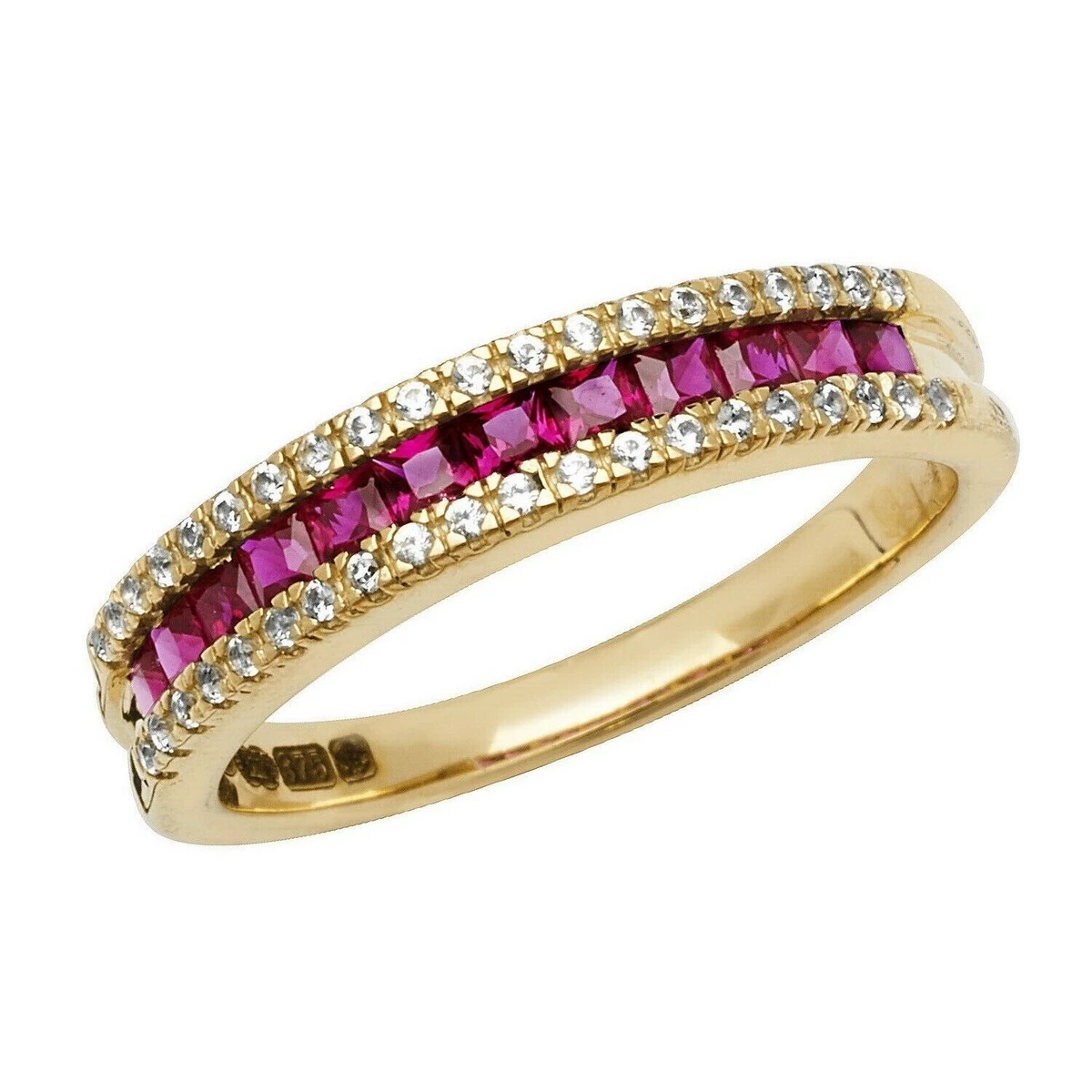 Yellow Gold Ruby Eternity Ring White Sapphire Band Hallmark British Size M R