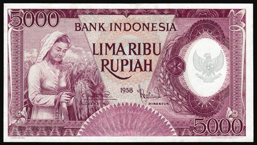 Indonesia 5000 rupiah 1958 Woman Gathering Rice P64 Prefix BAN aUNC - Picture 8 of 8