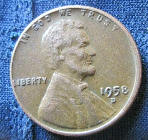 1958-D WHEAT CENT, REVERSE DIE BREAK CUD ERROR (12-R) UPPER LEFT STALK, CIRC. - Picture 2 of 2