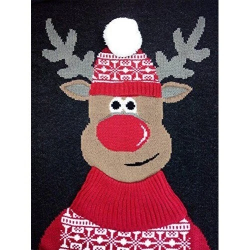 Men's Holiday Sweater Size XL Black Ugly Sweater Design Reindeer with Hat