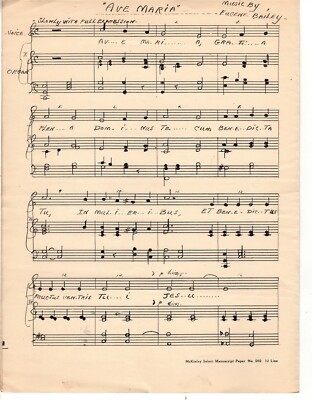 Ava Maria Sheet Music Manuscript By Eugene Baily Ottuma, Iowa