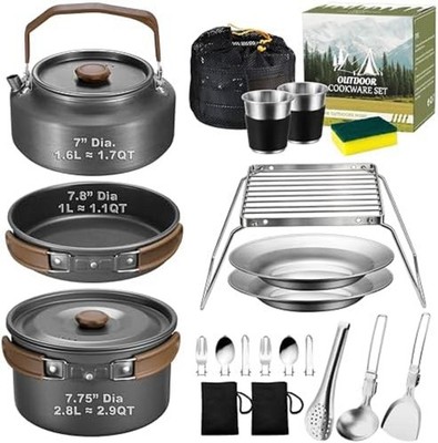 18Pcs Camping Cookware Mess Kit, 7.8  Nonstick Camp Cooking Utensil Set (Pot, P