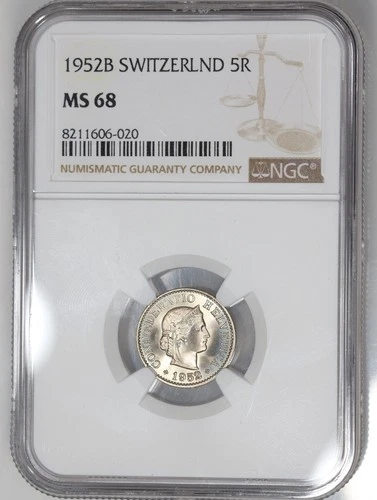 1952-B Switzerland 5 Rappen NGC MS68 - Top Pop