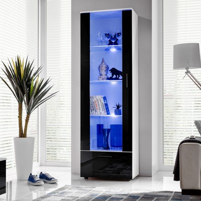 NEU komodee Alessandria Vitrineschrank Eiche Weiß Schwarz Glas LED Regal