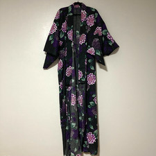 Vintage 90s 100% Cotton Japanese Yukata Floral Hydrangea Black Purple Green