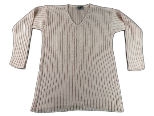 CINCIN Striped Neck Long Sleeve Knit Sweater Pink ONE Stretchy Collarless