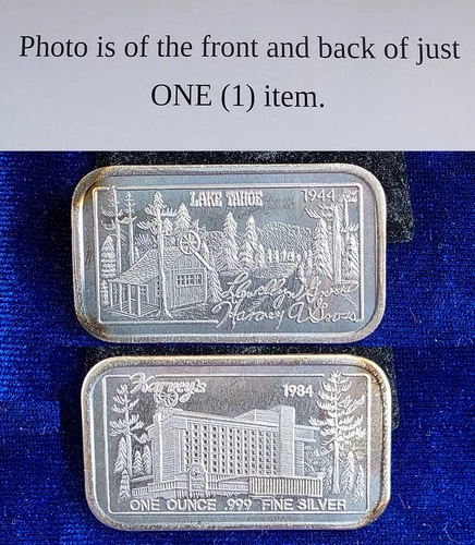 1984 Harvey's Casino Lake Tahoe 1 Troy Oz 999 Fine Silver Bar Toned