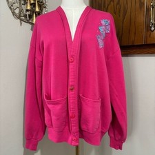 Vtg 90s Jerzees Pink Cardigan Sweatshirt Large Embroidered Floral Grandmacore