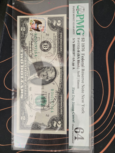 PMG $2 1976 Federal Reserve Note NEW YORK Fr#1935-B(BA Block) First Day Stamp... - Picture 1 of 2
