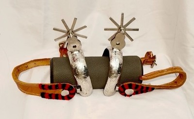 Vintage Mexican Charro Spurs Engraved Bands with Rotating Rowel & Leather Straps