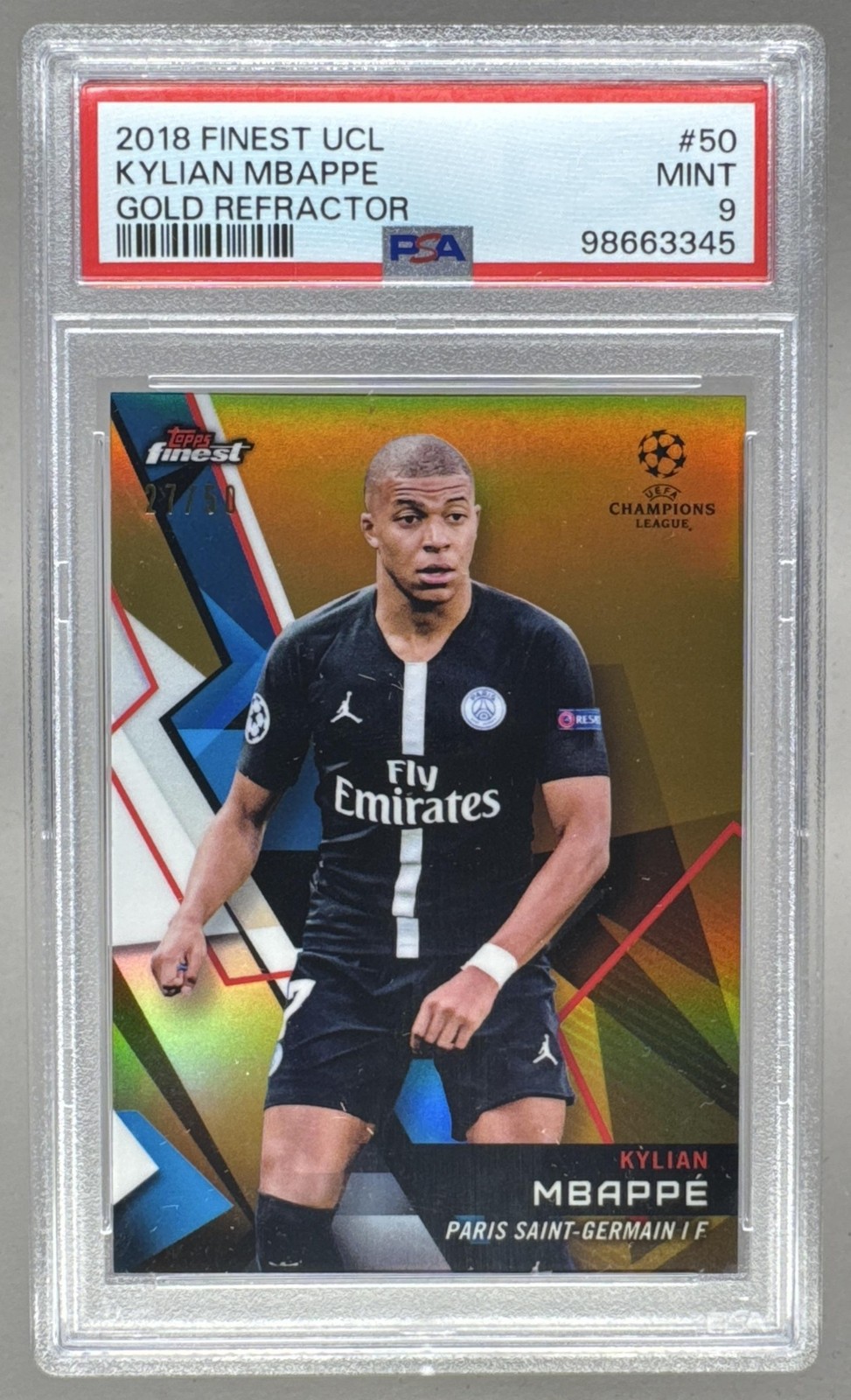Kylian Mbappe 2018 Topps Finest UEFA #50 Gold Refractor 27/50 PSA 9