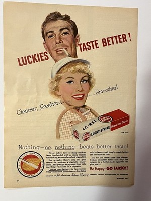 vintage 1953 lucky strike, luckies taste better! cigarette ad from woman's day