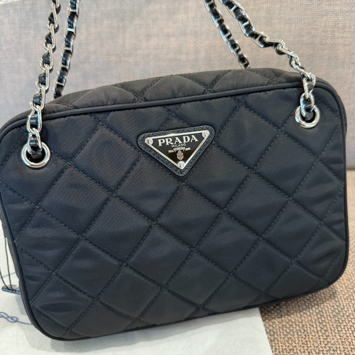 Prada Nylon Quilted Chain Mini Shoulder Bag Black 1BH910-2AS3