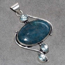 Long Blue Apatite Blue Topaz 925 Silver Plated Pendant 2.5
