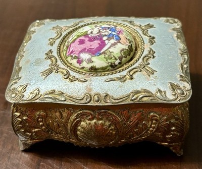 Vintage  Japan Trinket Box Two Lovers Metal W/Red Velvet 3 X2 